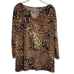 Chicos Travelers Womens Top L Brown Leopard Baroque Chain Neck Slinky Knit